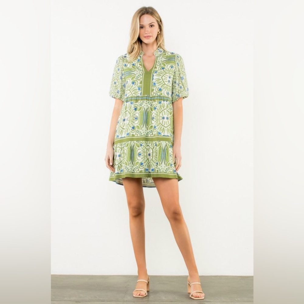 THML green puff sleeve abstract print dress medium NWT